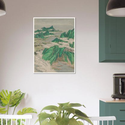 Green mountains rise through curling white clouds above rivers, villages, and pink blossoms in a traditional Chinese landscape.