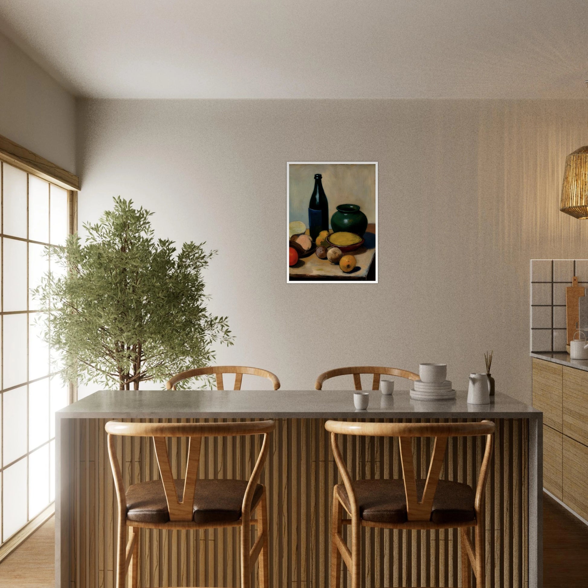 A classic still life painting featuring a dark bottle, a green ceramic vase, a bowl of yellow fruit, and assorted fruits arranged on a tabletop against a soft neutral background.