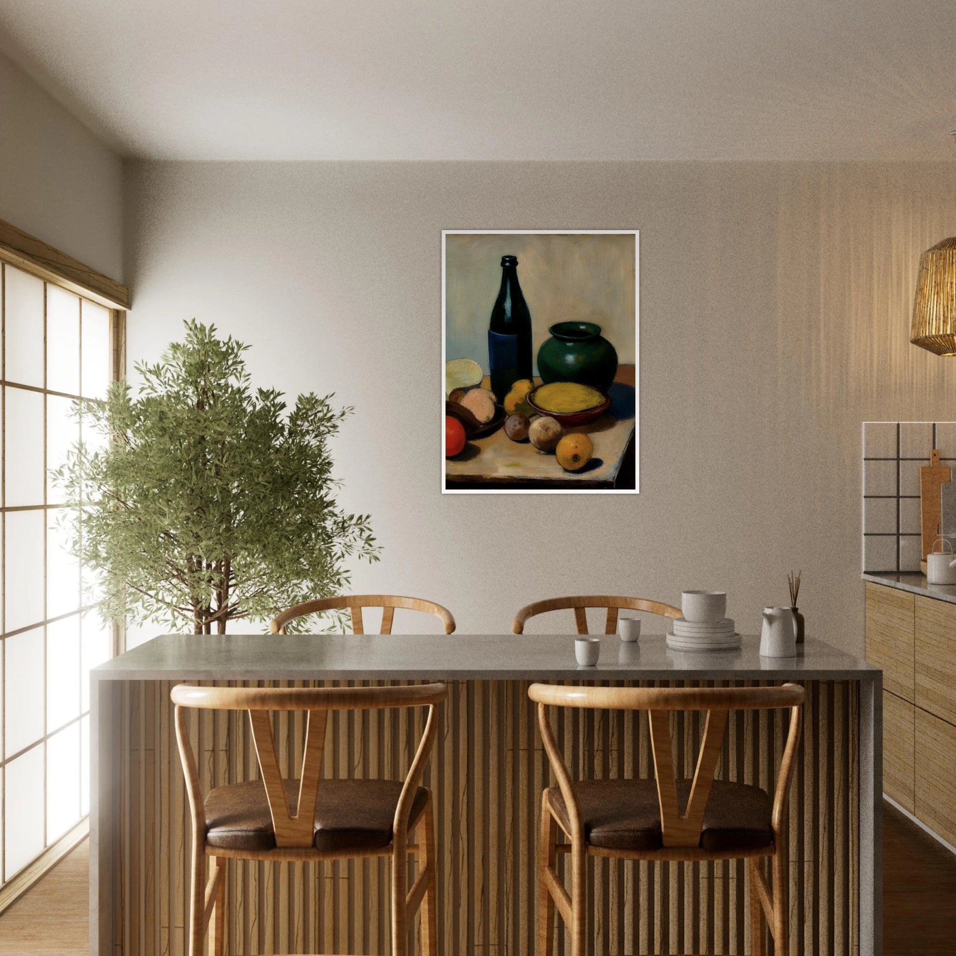 A classic still life painting featuring a dark bottle, a green ceramic vase, a bowl of yellow fruit, and assorted fruits arranged on a tabletop against a soft neutral background.