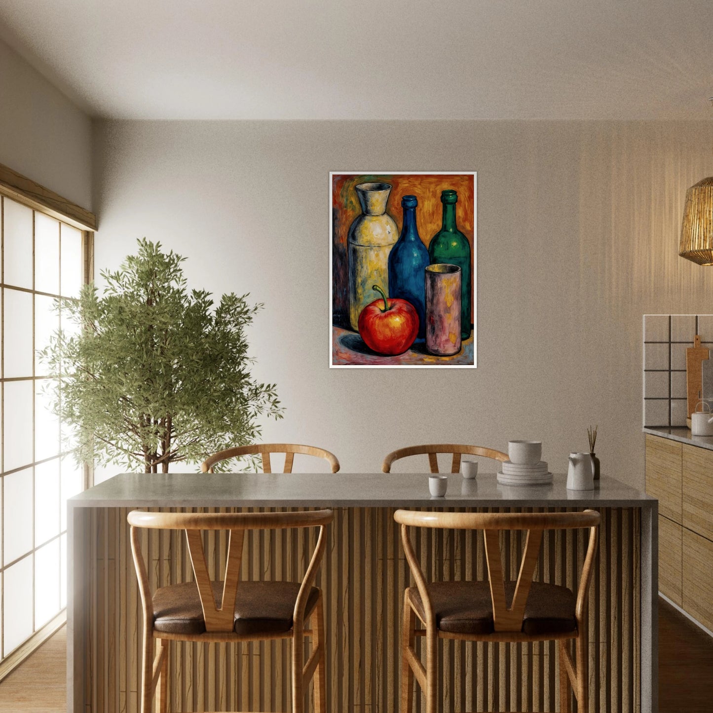 A luminous red apple rests before blue, green, and ivory bottles against a fiery amber backdrop, blending warmth, contrast, and vintage stillness.