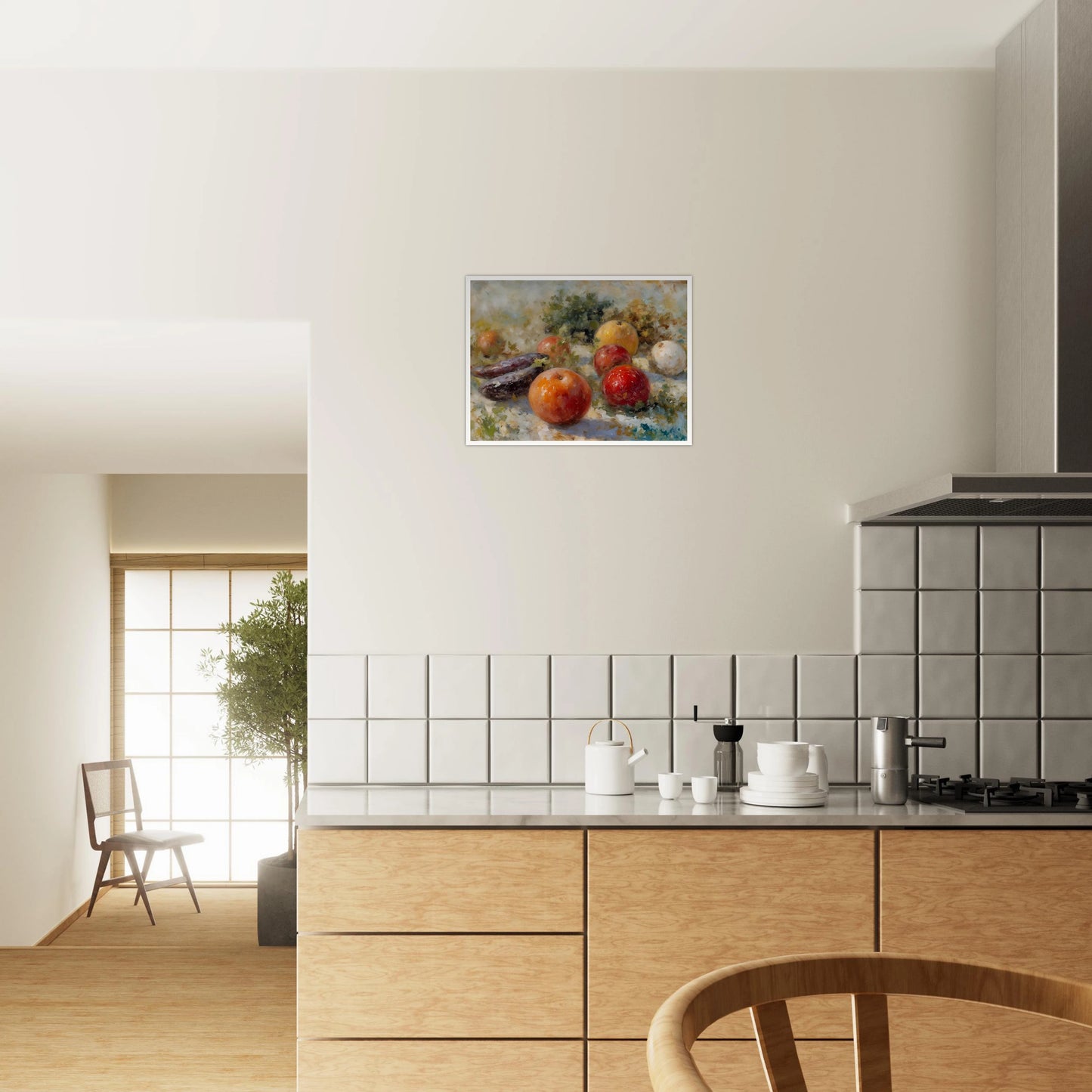 A realistic still life of assorted fruits, including apples, oranges, and eggplants, arranged with leafy greens in soft natural light.