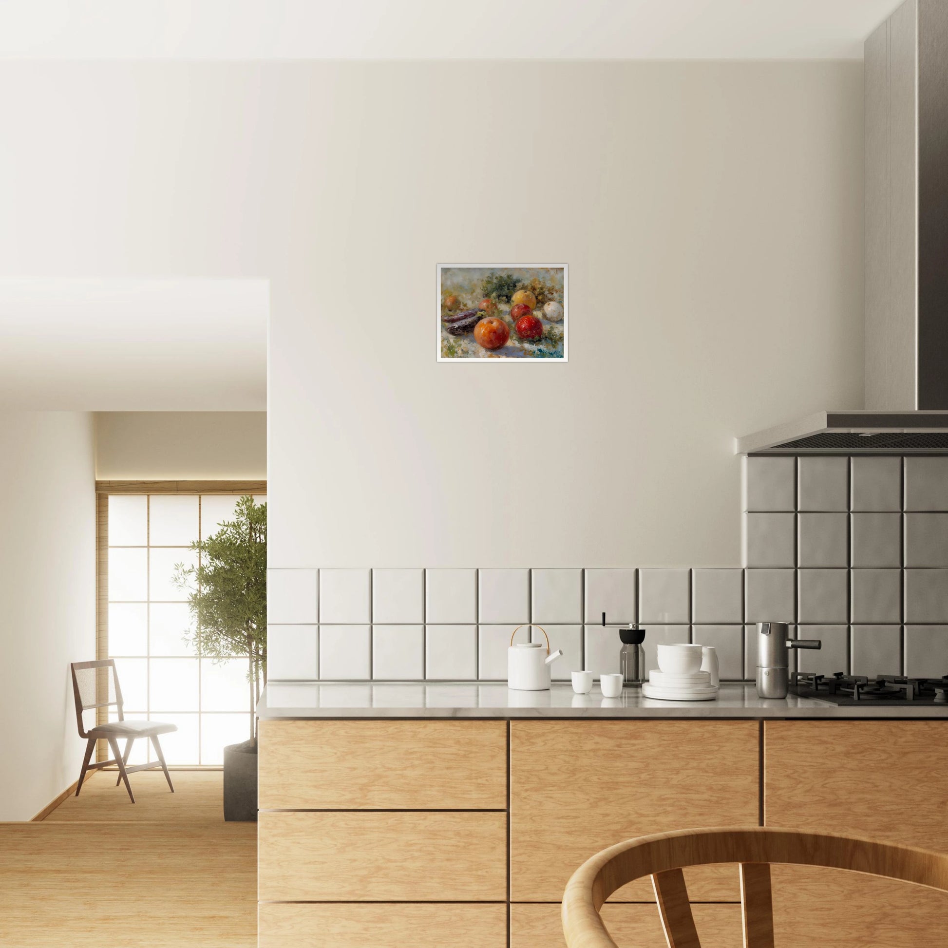 A realistic still life of assorted fruits, including apples, oranges, and eggplants, arranged with leafy greens in soft natural light.