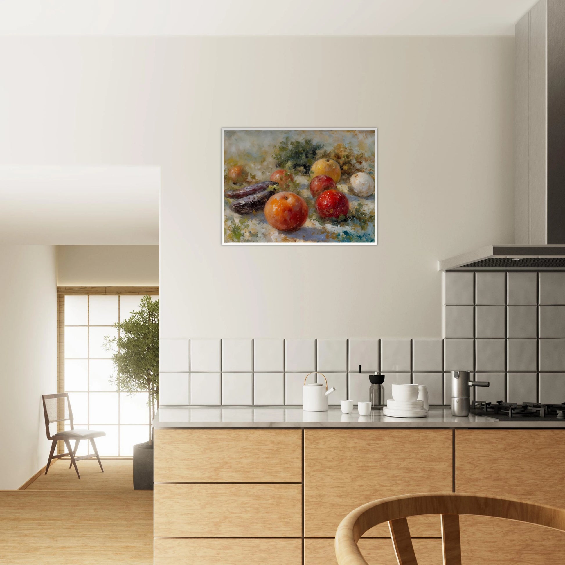 A realistic still life of assorted fruits, including apples, oranges, and eggplants, arranged with leafy greens in soft natural light.