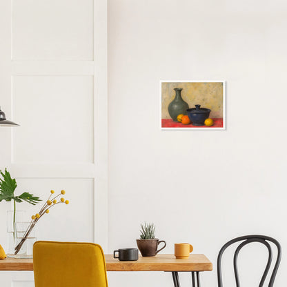 Blue and green ceramic vessels rest on a red surface beside lemons and an orange, against a softly textured neutral wall.