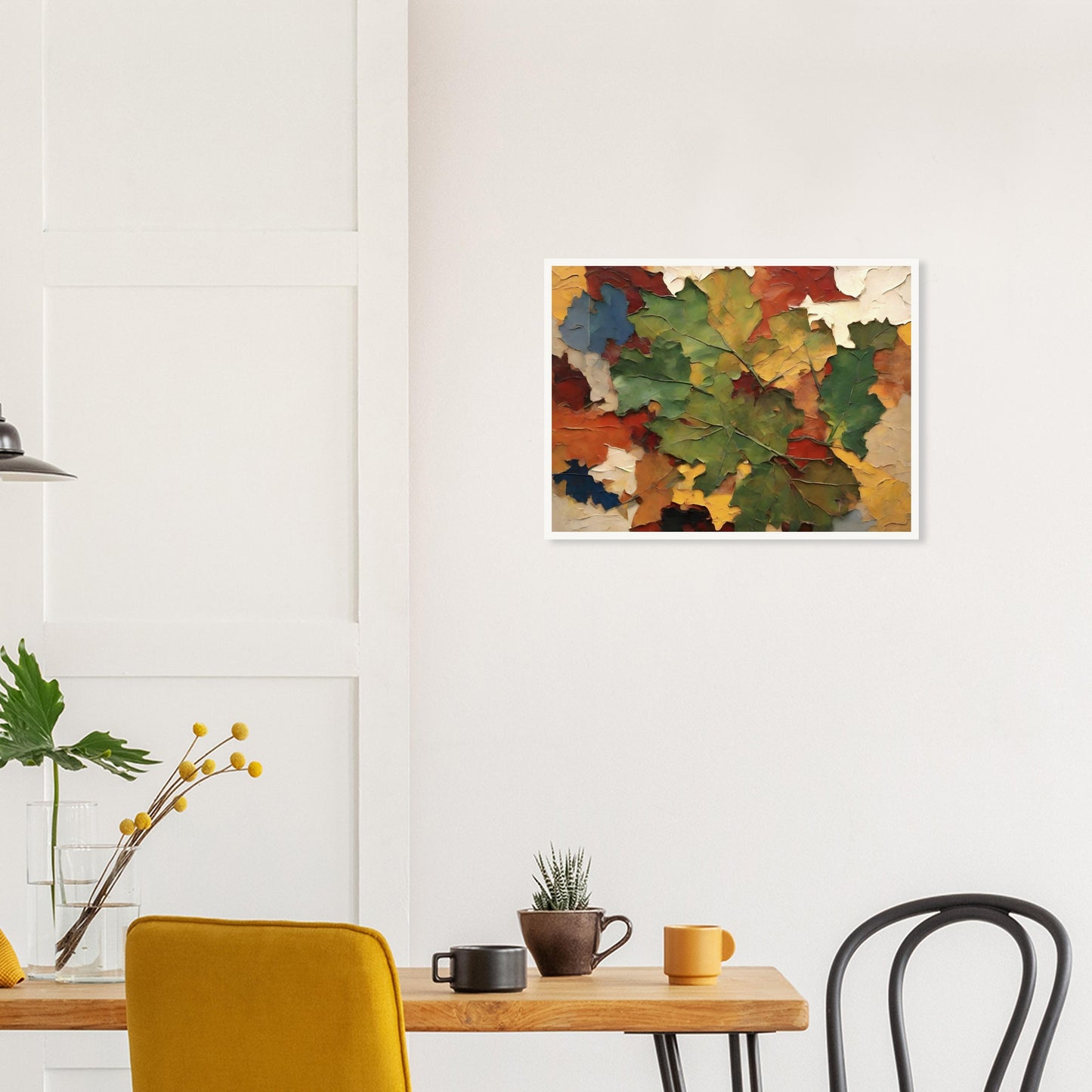 A textured painting of autumn leaves in vibrant shades of green, yellow, red, and orange, arranged in a layered, dynamic composition.