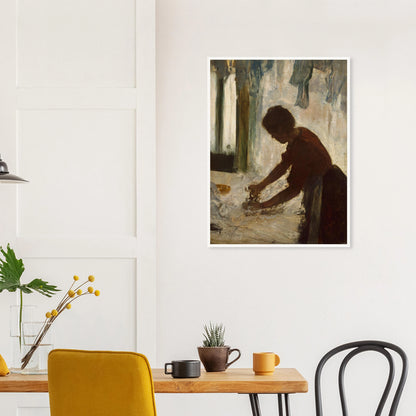 A woman leans over a table ironing white fabric, silhouetted against a softly lit laundry interior.