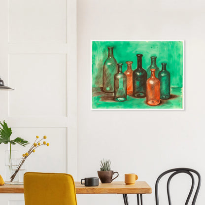 A collection of teal, amber, and smoky glass bottles stands together against a luminous green backdrop, blending stillness with vintage charm.