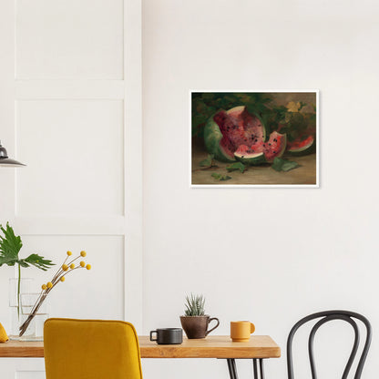 A cracked watermelon and red slices rest among green vines and leaves in a richly painted still life.