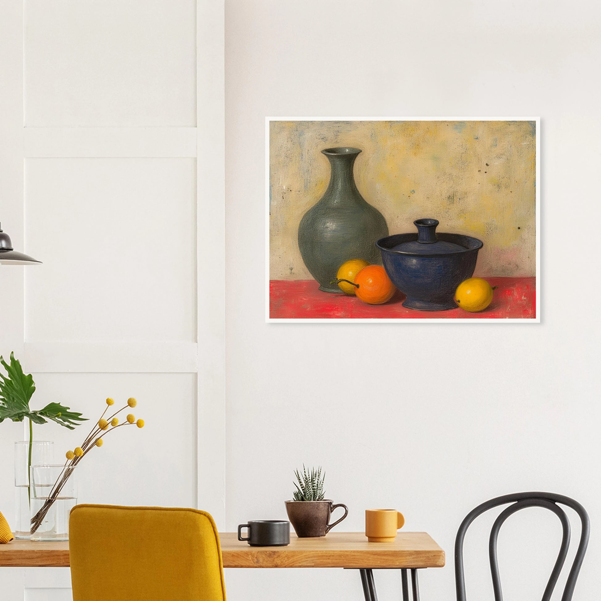 Blue and green ceramic vessels rest on a red surface beside lemons and an orange, against a softly textured neutral wall.