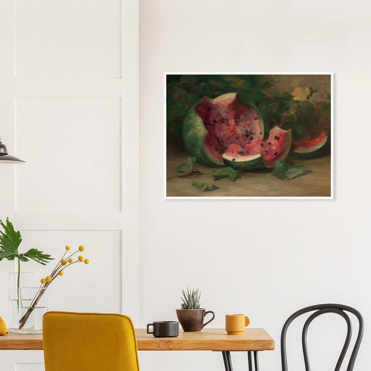 A cracked watermelon and red slices rest among green vines and leaves in a richly painted still life.