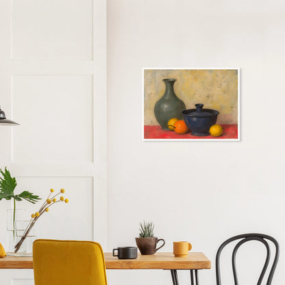 Blue and green ceramic vessels rest on a red surface beside lemons and an orange, against a softly textured neutral wall.