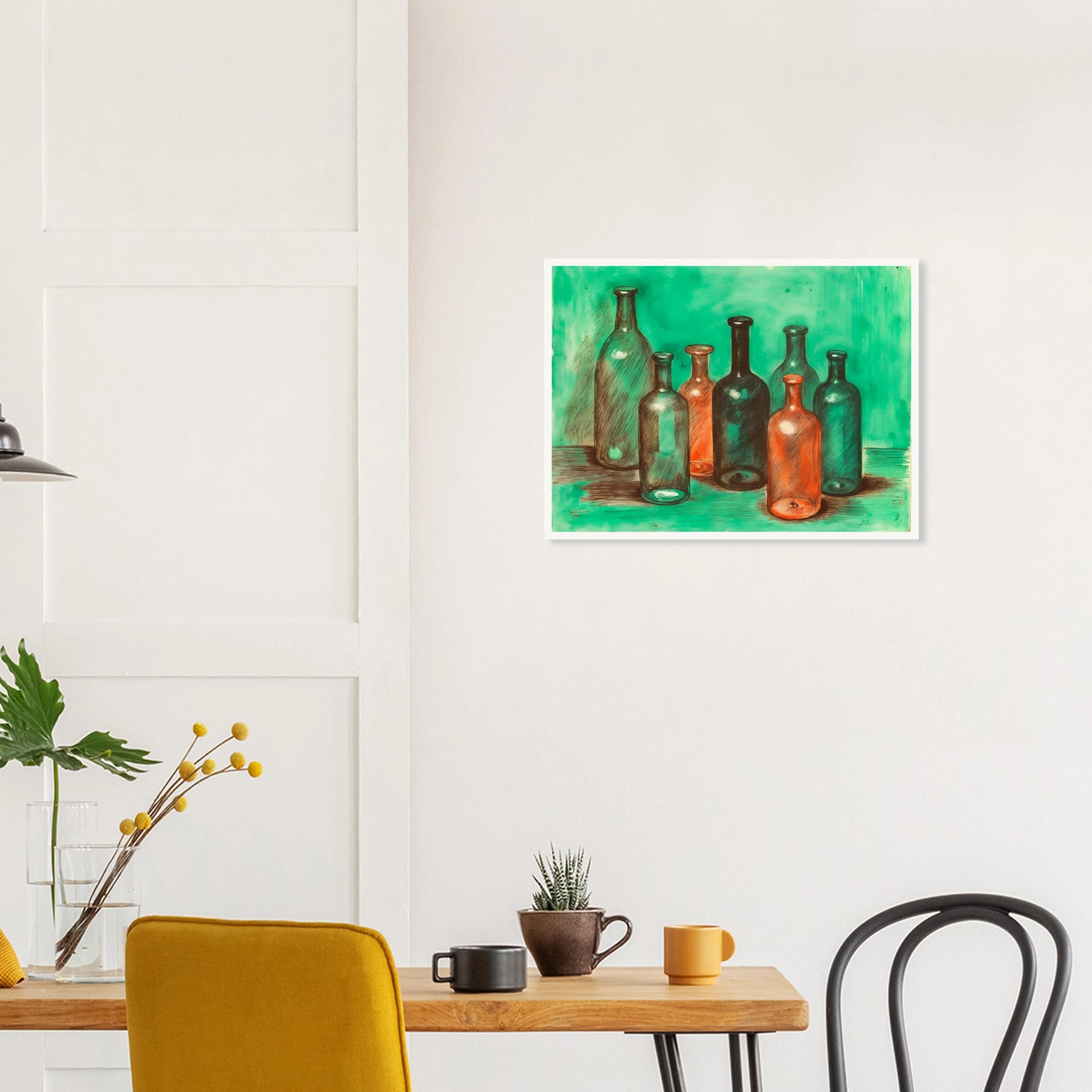 A collection of teal, amber, and smoky glass bottles stands together against a luminous green backdrop, blending stillness with vintage charm.
