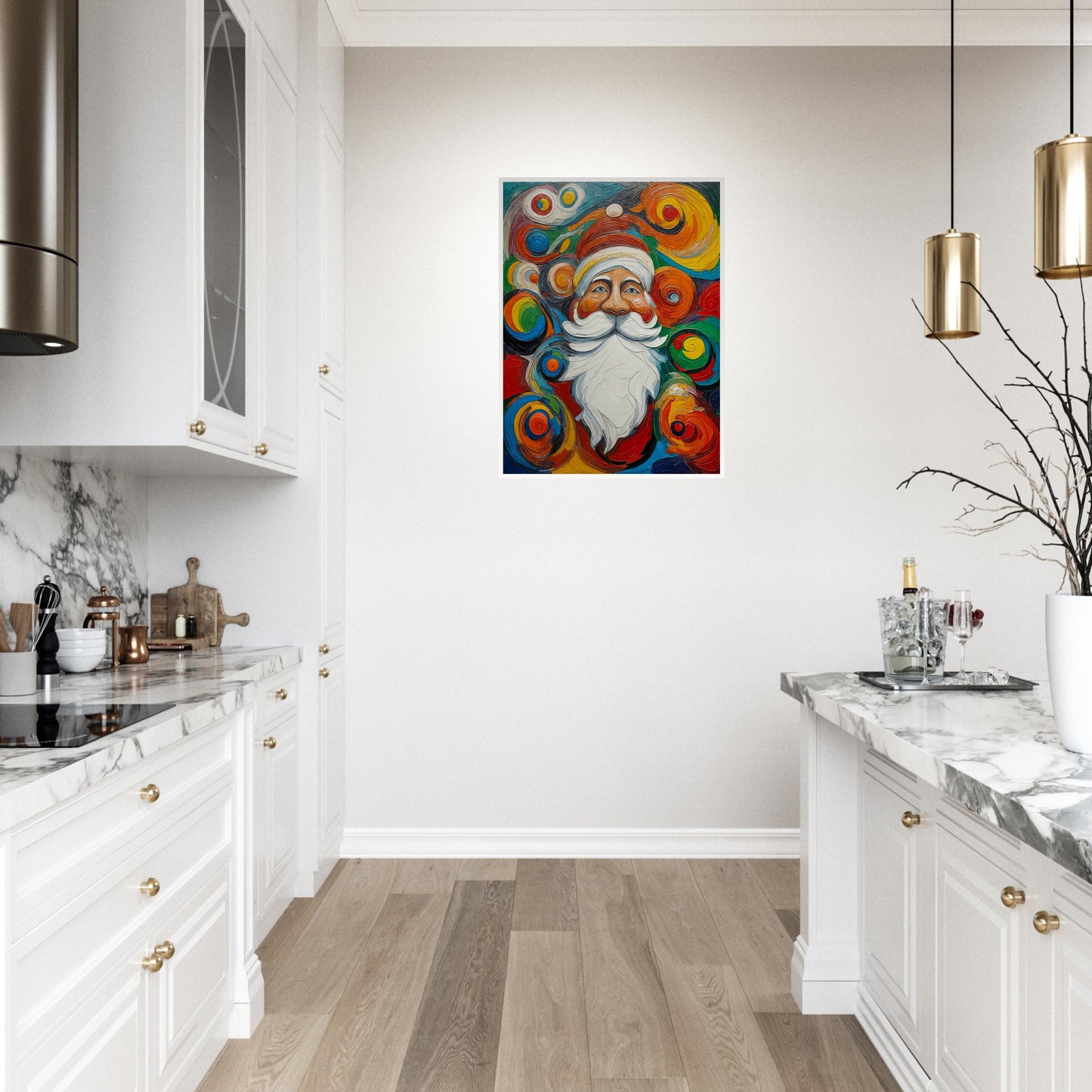 A vibrant and whimsical painting of Santa Claus surrounded by colorful swirling patterns, evoking a cheerful holiday spirit.