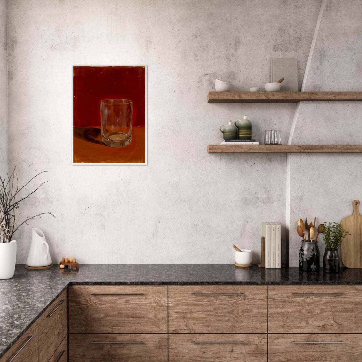 Transparent drinking glass casting a soft shadow on a warm orange and red background.
