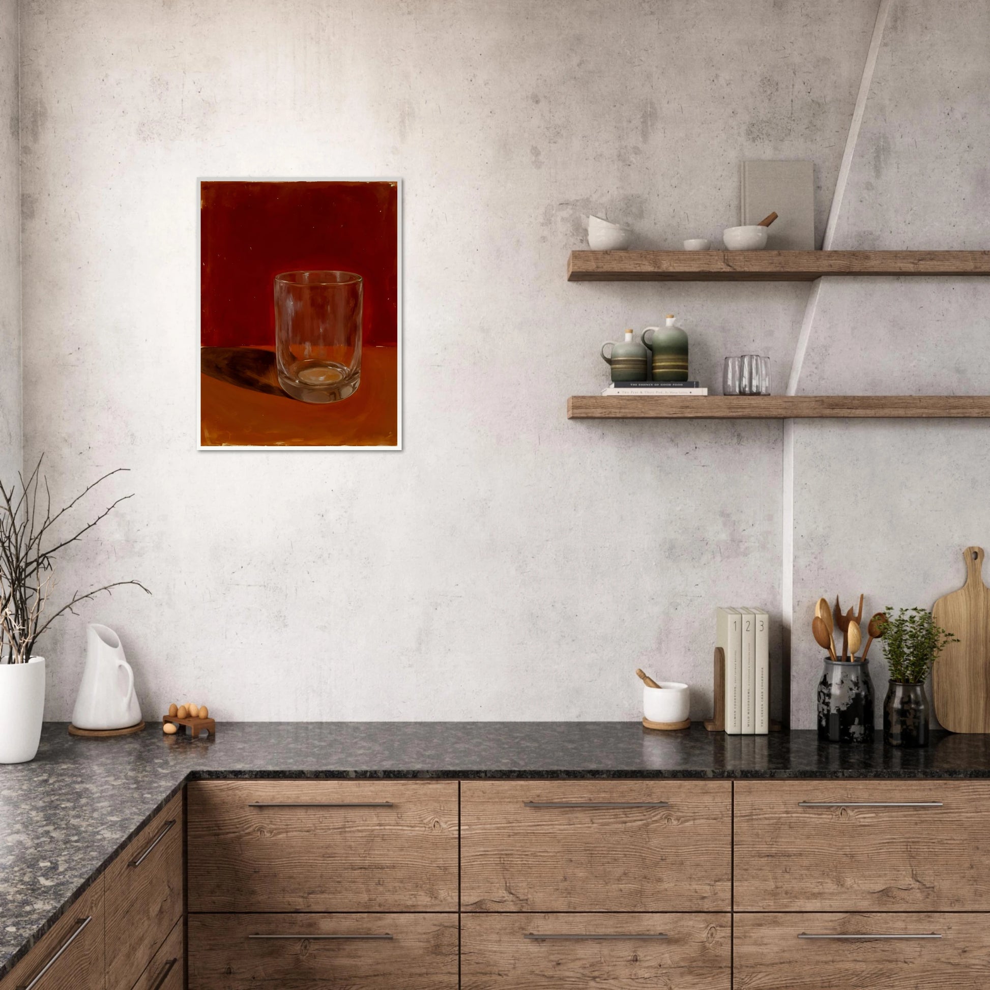 Transparent drinking glass casting a soft shadow on a warm orange and red background.