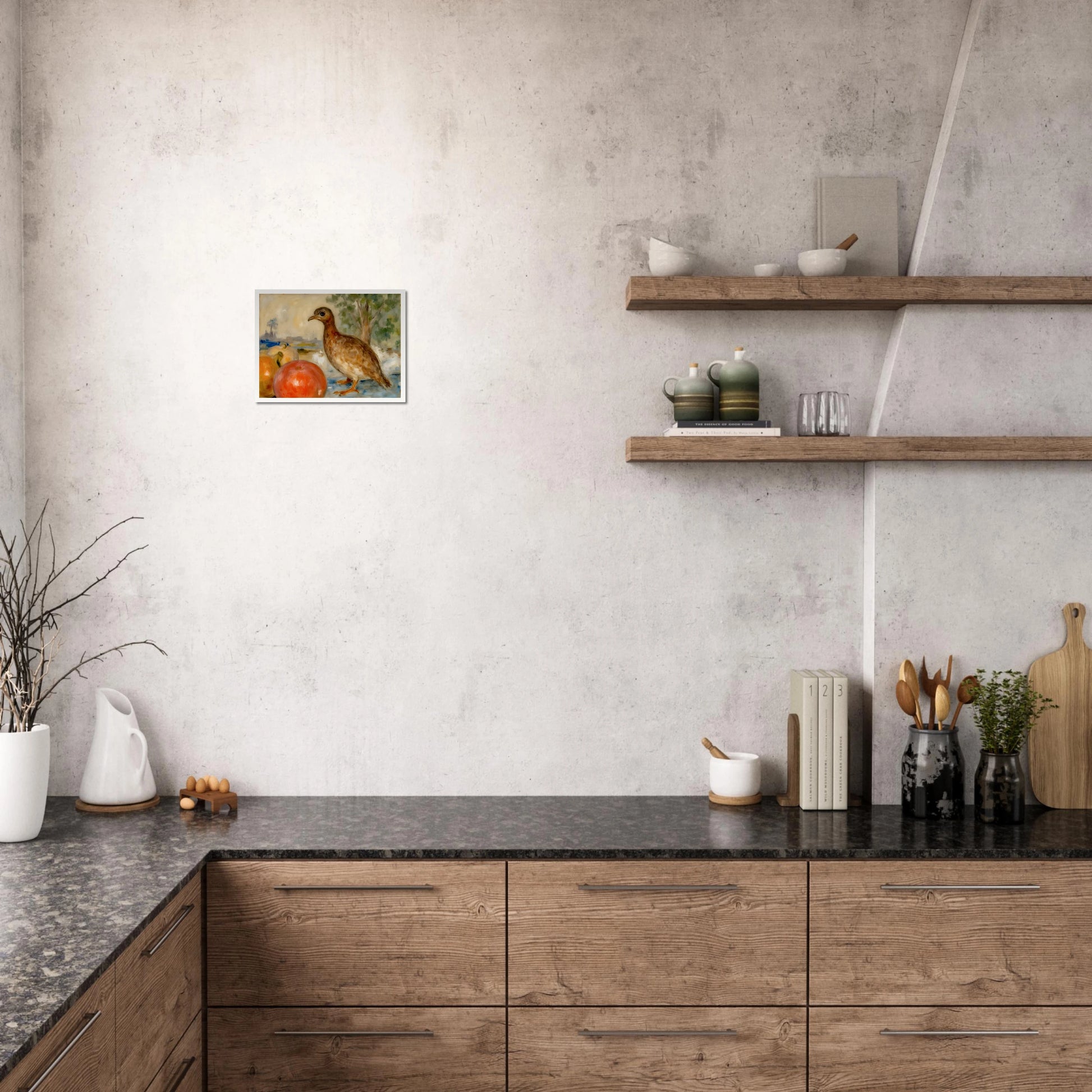 A brown bird stands beside ripe apples in a soft countryside setting, blending still life with gentle pastoral charm.
