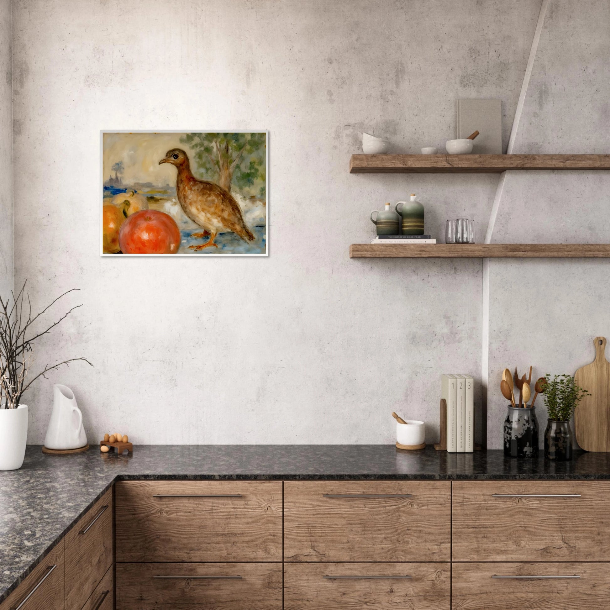 A brown bird stands beside ripe apples in a soft countryside setting, blending still life with gentle pastoral charm.