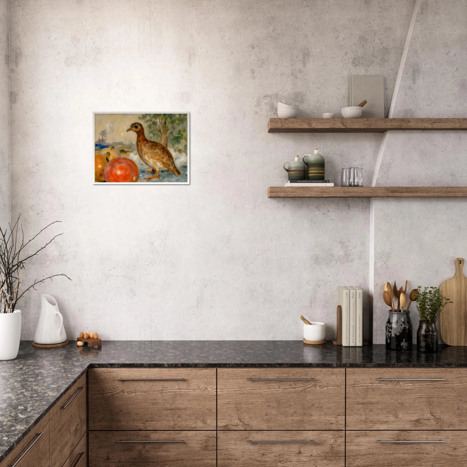 A brown bird stands beside ripe apples in a soft countryside setting, blending still life with gentle pastoral charm.