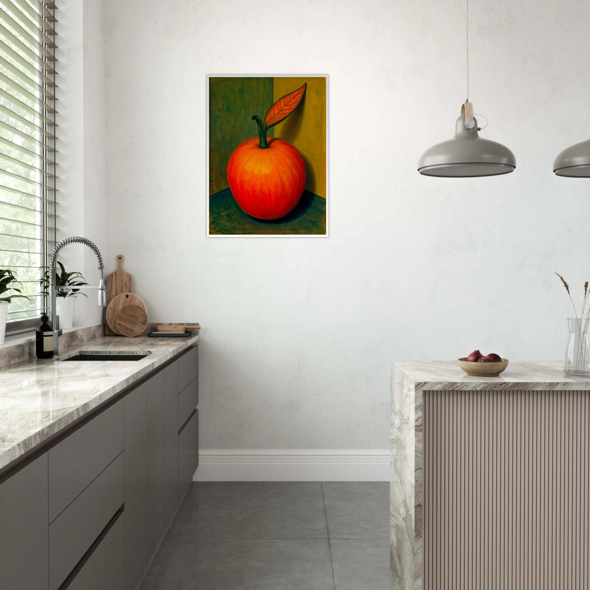 A bold still-life of a glowing red-orange fruit with a single leaf, casting soft shadows against a golden-green background.