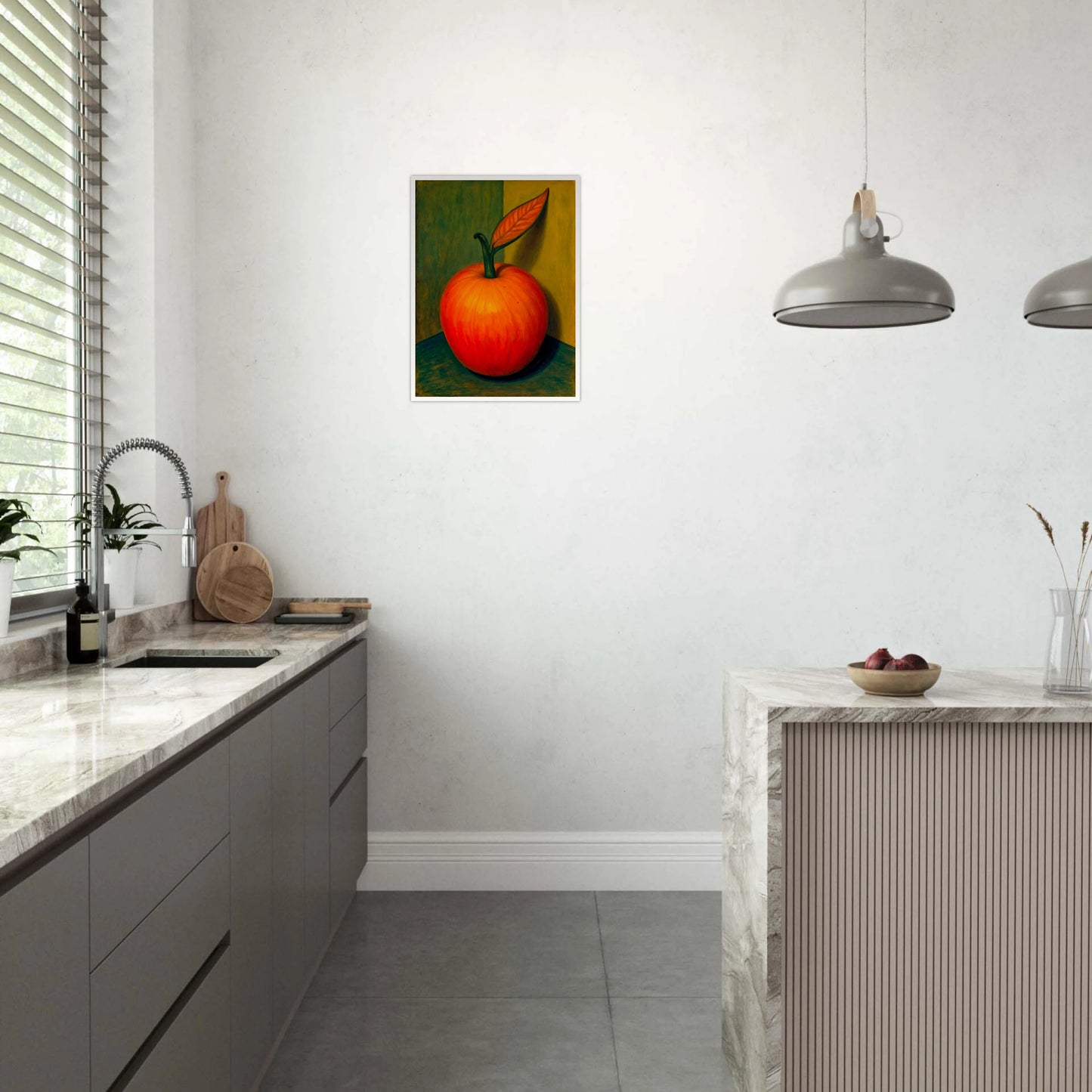 A bold still-life of a glowing red-orange fruit with a single leaf, casting soft shadows against a golden-green background.