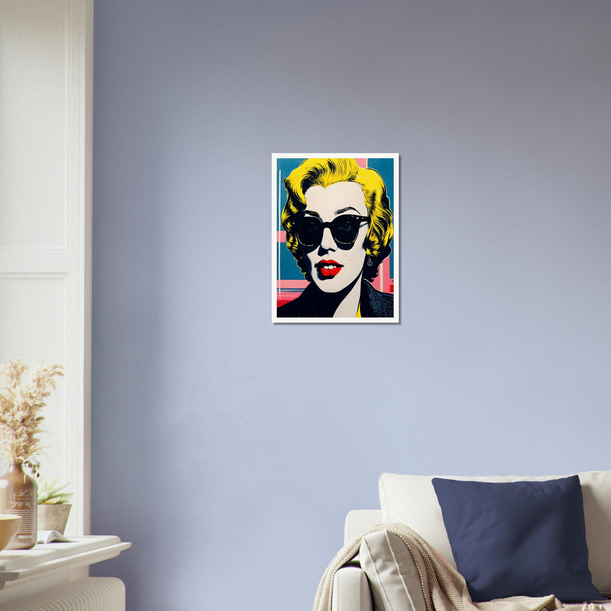 Vibrant pop art-style portrait of a woman with blonde hair, bold red lips, and dark sunglasses against a colorful geometric background.