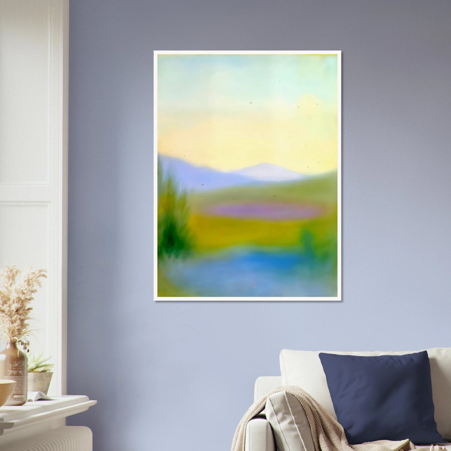 Dreamlike hills, blue waters, and lavender fields glow beneath a pale sky in a tranquil countryside scene.