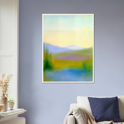 Dreamlike hills, blue waters, and lavender fields glow beneath a pale sky in a tranquil countryside scene.