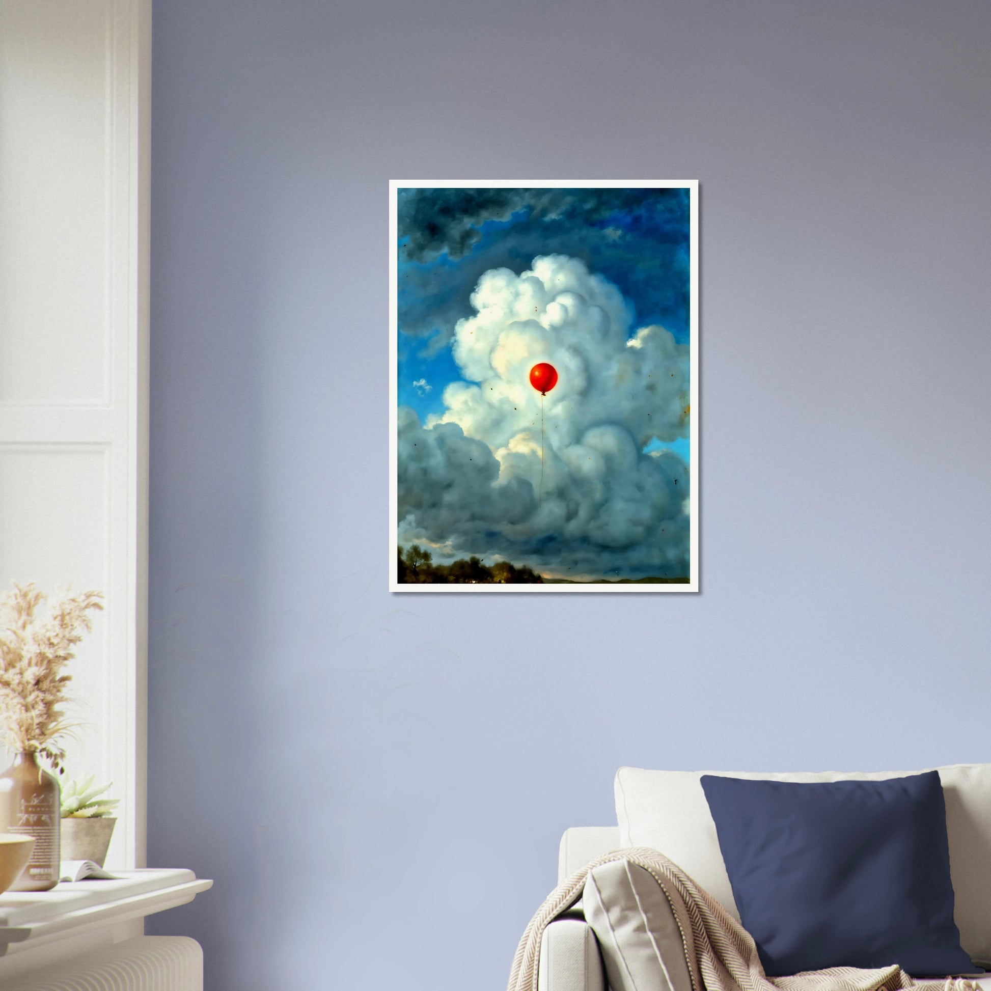 Single red balloon floating through towering white clouds against a dramatic blue sky, creating a surreal scene of hope and wonder.