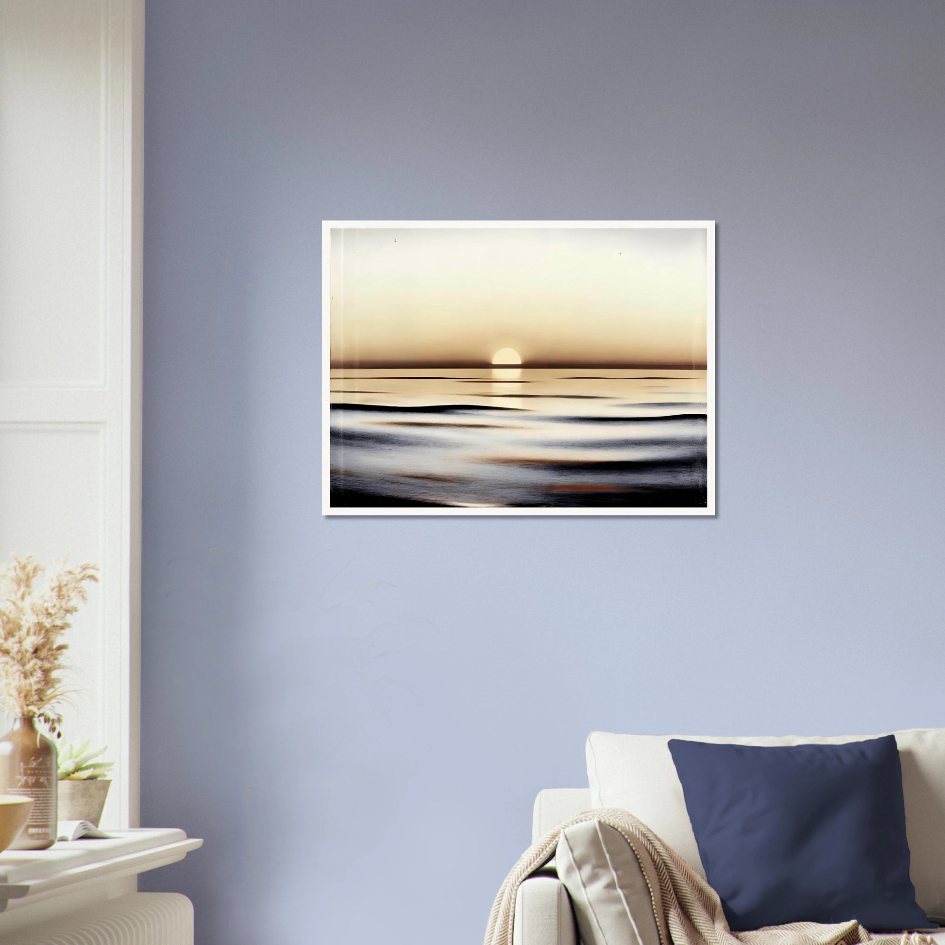 A minimalist seascape capturing the calm of sunrise, where golden light reflects softly on gentle ocean waves.