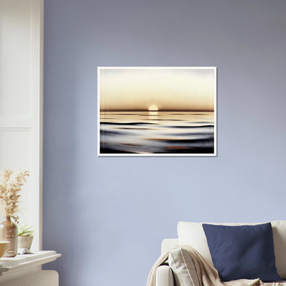A minimalist seascape capturing the calm of sunrise, where golden light reflects softly on gentle ocean waves.