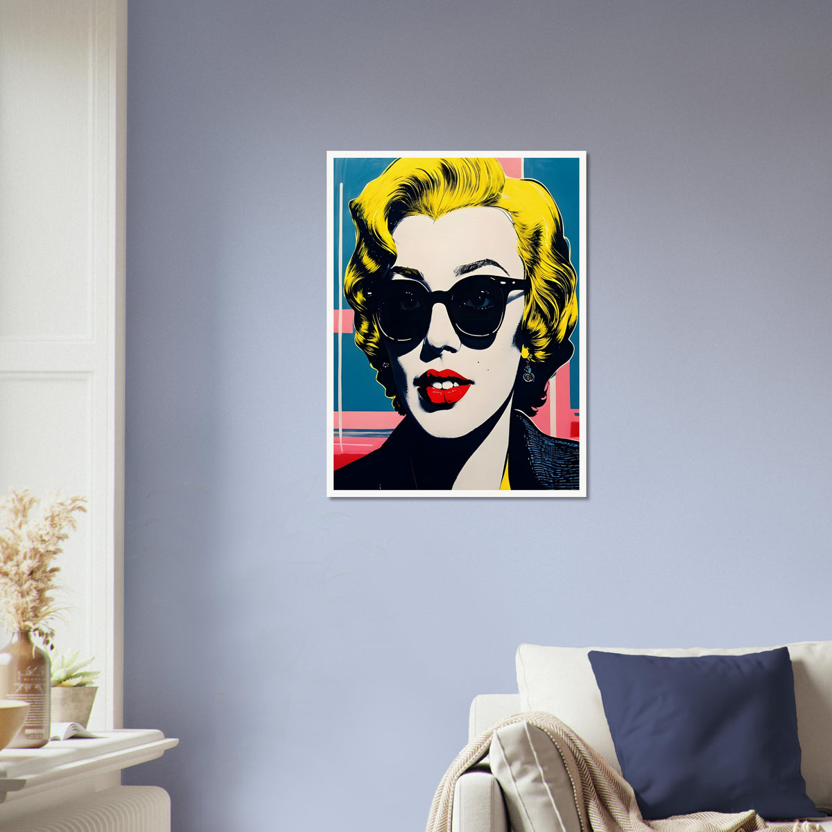 Vibrant pop art-style portrait of a woman with blonde hair, bold red lips, and dark sunglasses against a colorful geometric background.
