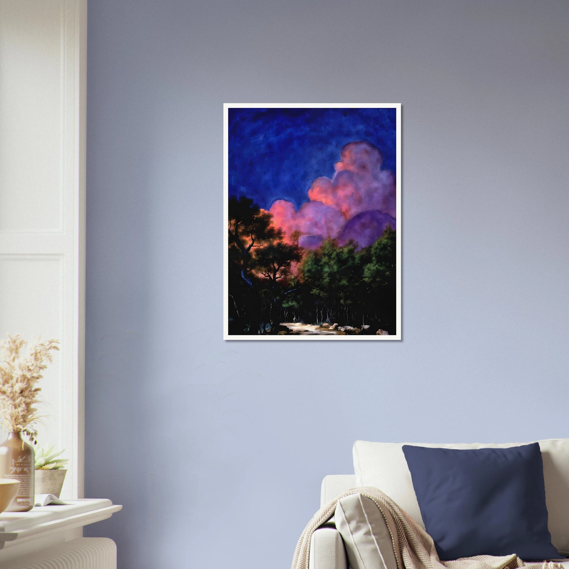 Dreamlike night landscape with deep blue sky, glowing pink clouds, shadowed trees, and luminous forest path beneath radiant twilight.