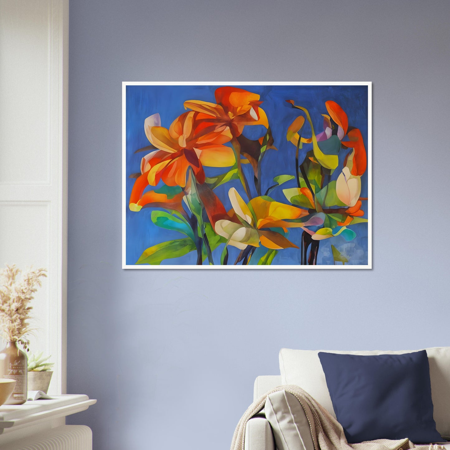 A vibrant floral painting with bold orange, yellow, and green flowers against a deep blue background, creating a striking contrast of warm and cool tones