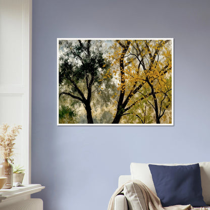 Two tall trees, one with golden yellow leaves and one with dark green foliage, stand against a softly textured sky.