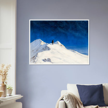 Solitary figure stands atop snowy mountain peaks beneath a vast starlit sky, evoking wonder, silence, and the grandeur of night.