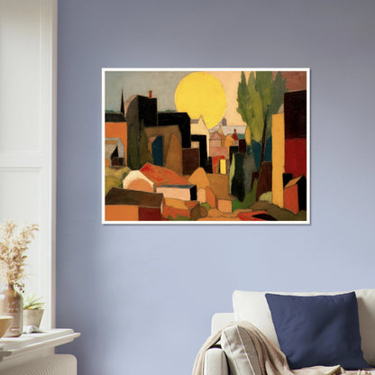 A stylized village landscape featuring geometric houses, tall trees, and a large golden sun rising or setting behind the rooftops in warm earthy tones.