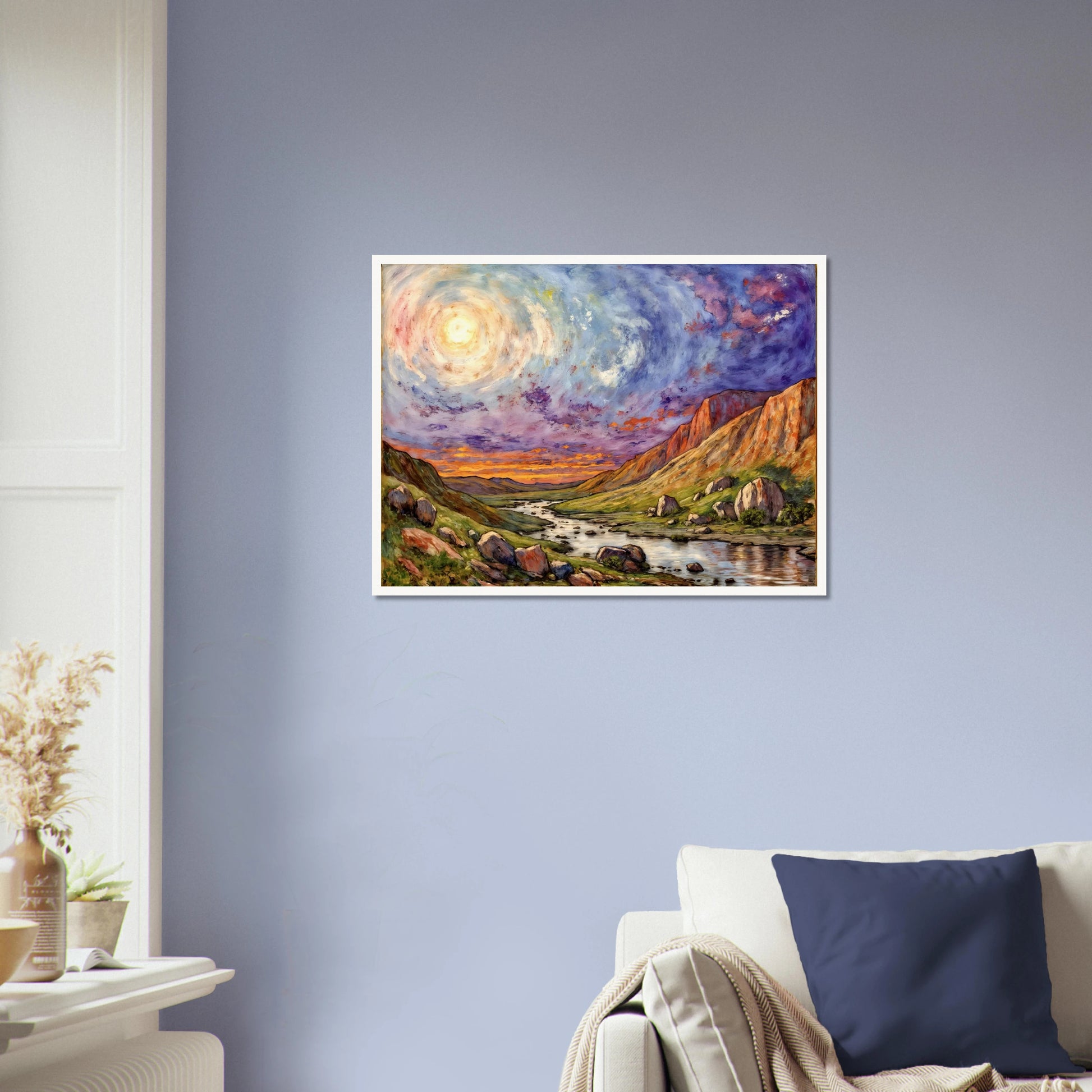 Luminous swirling sky above a rugged canyon valley with winding river, glowing cliffs, and vibrant twilight tones in a dramatic landscape.