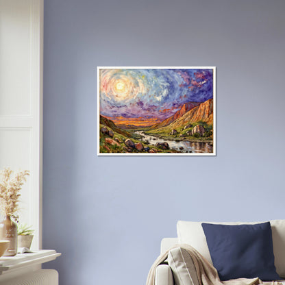 Luminous swirling sky above a rugged canyon valley with winding river, glowing cliffs, and vibrant twilight tones in a dramatic landscape.