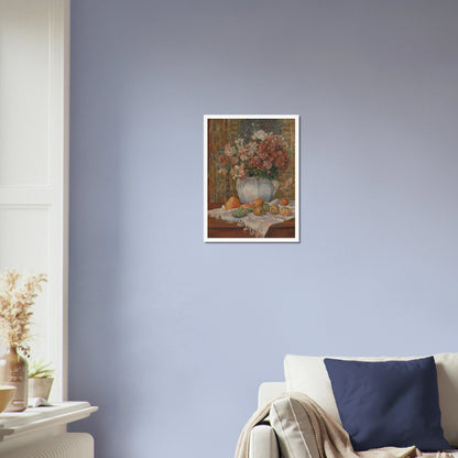 Autumn flowers in a blue vase with prickly pears and cloth on a table before a patterned screen.