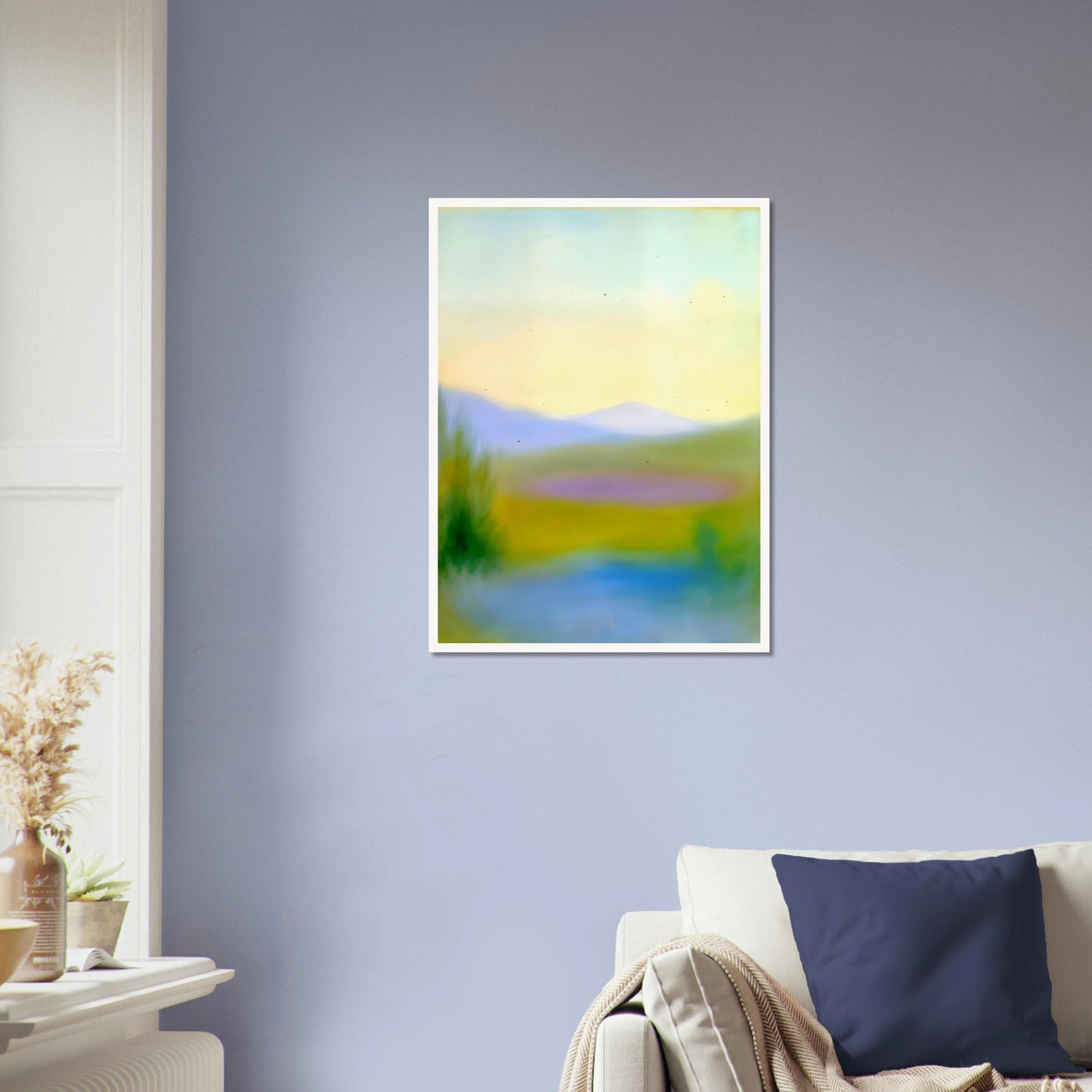 Dreamlike hills, blue waters, and lavender fields glow beneath a pale sky in a tranquil countryside scene.