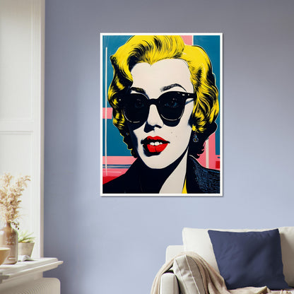 Vibrant pop art-style portrait of a woman with blonde hair, bold red lips, and dark sunglasses against a colorful geometric background.