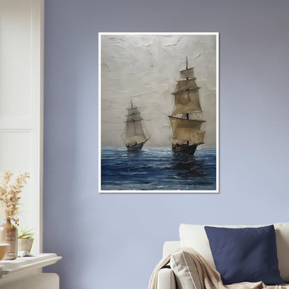 A captivating seascape featuring two tall ships with billowing sails drifting over deep blue waters, set against a textured, misty sky.