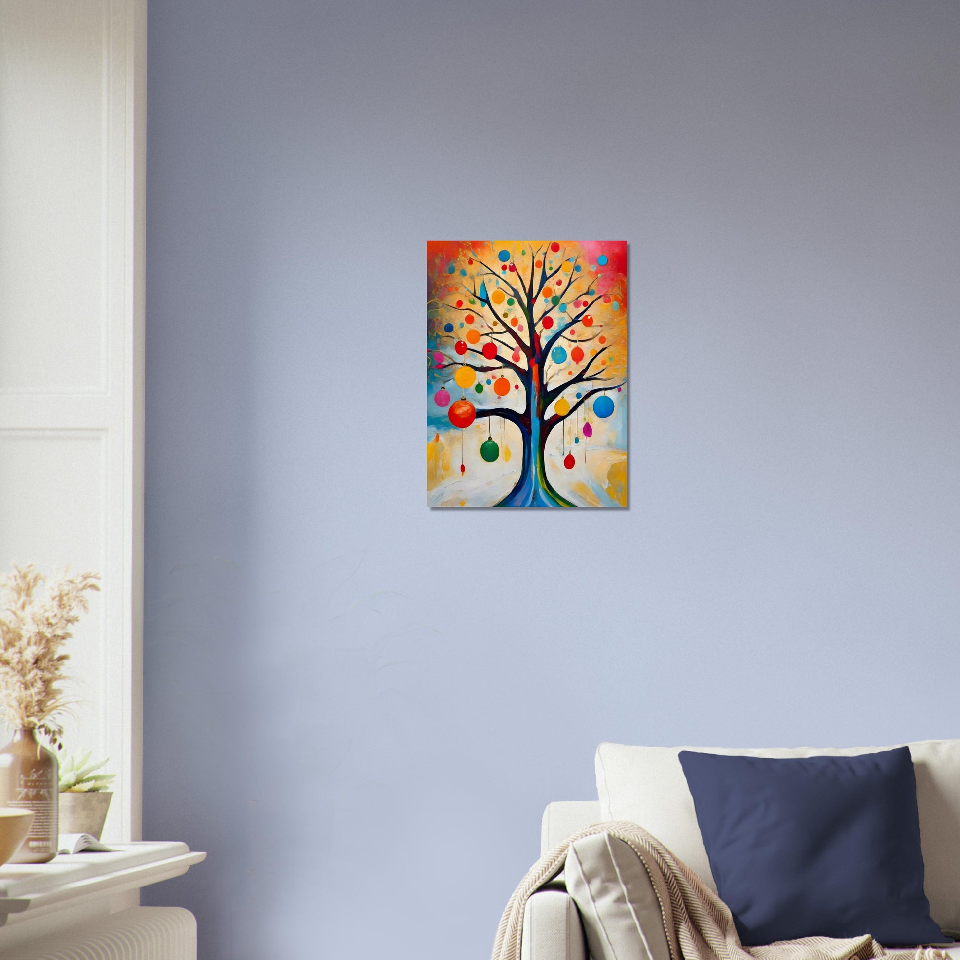 A vibrant painting of a bare tree adorned with colorful ornaments, set against a glowing background of warm yellows, oranges, and blues.