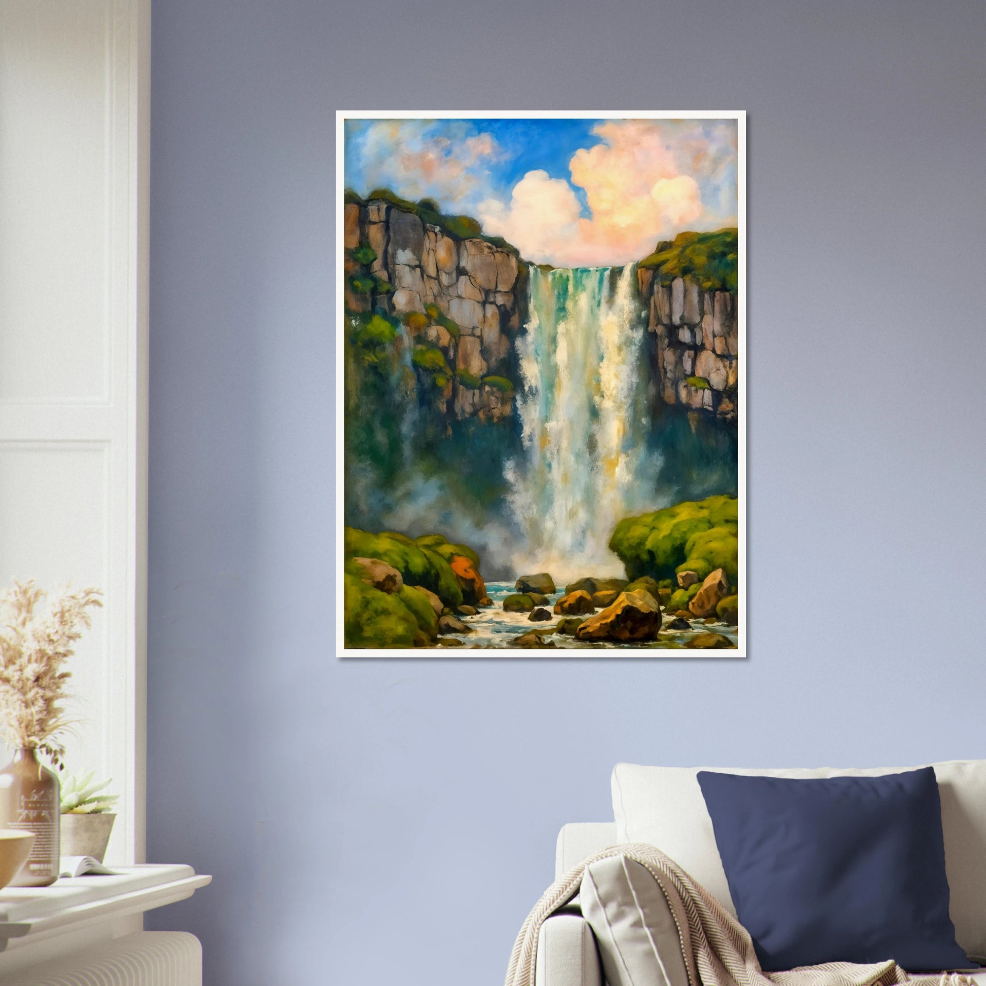 A majestic waterfall plunges between rocky cliffs into misty waters below, framed by lush green moss and glowing skies.