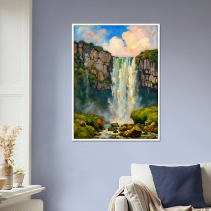 A majestic waterfall plunges between rocky cliffs into misty waters below, framed by lush green moss and glowing skies.