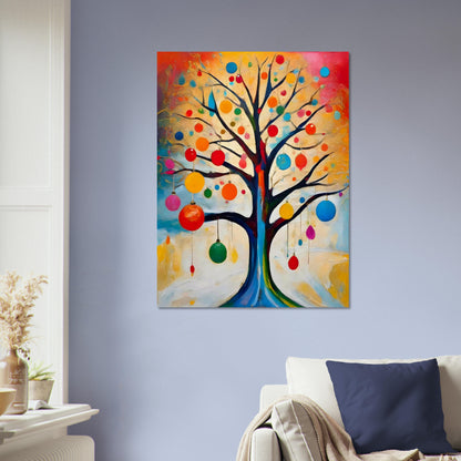 A vibrant painting of a bare tree adorned with colorful ornaments, set against a glowing background of warm yellows, oranges, and blues.