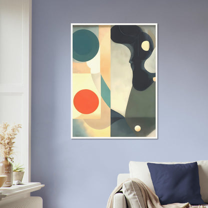 A serene composition featuring flowing shapes, bold circles, and muted tones of teal, orange, and cream, creating a modern abstract design.