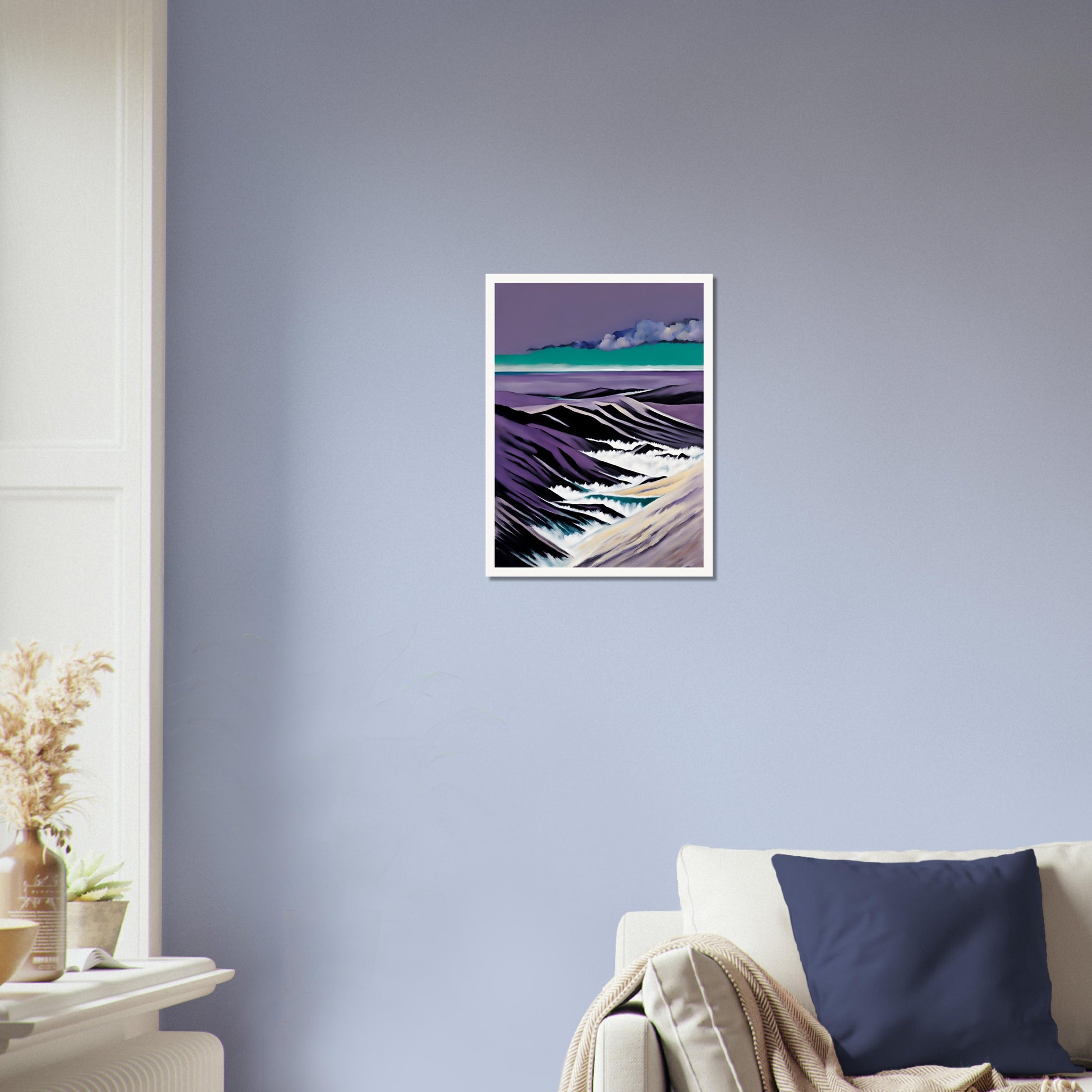 A striking seascape with deep purple mountains, foamy white waves, and a teal horizon beneath dramatic cloud formations.