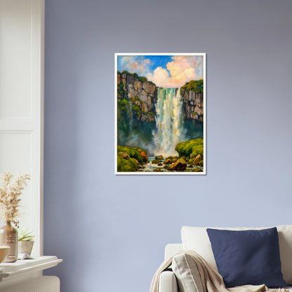 A majestic waterfall plunges between rocky cliffs into misty waters below, framed by lush green moss and glowing skies.