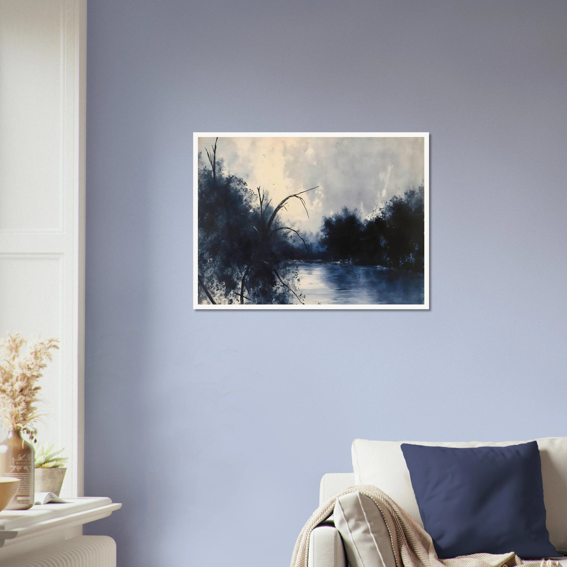 Blue river flows between dark trees beneath a pale cloudy sky in a moody woodland scene.